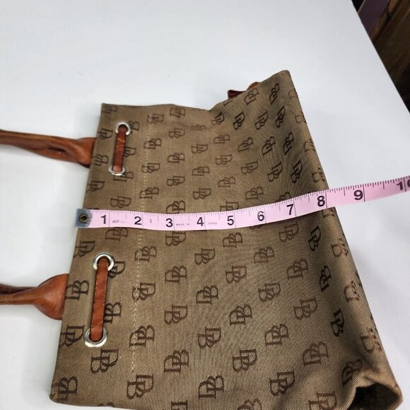 Dooney & Bourke Khaki Signature Monogram Canvas Tan Leather Tassel Tote - Picture 13 of 16